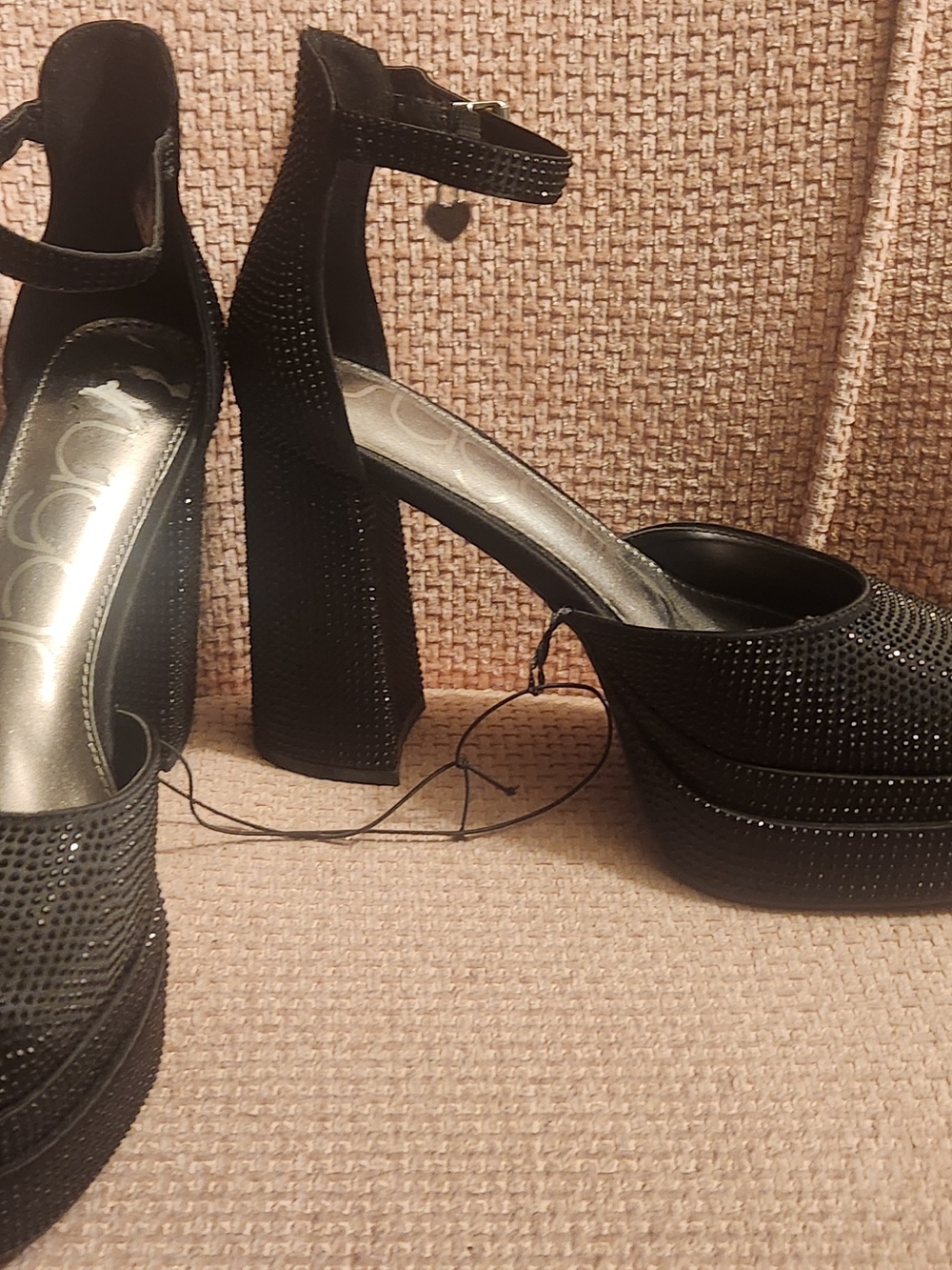 Sugar Black Rhinestone Platform Block Heels with Ankle Strap